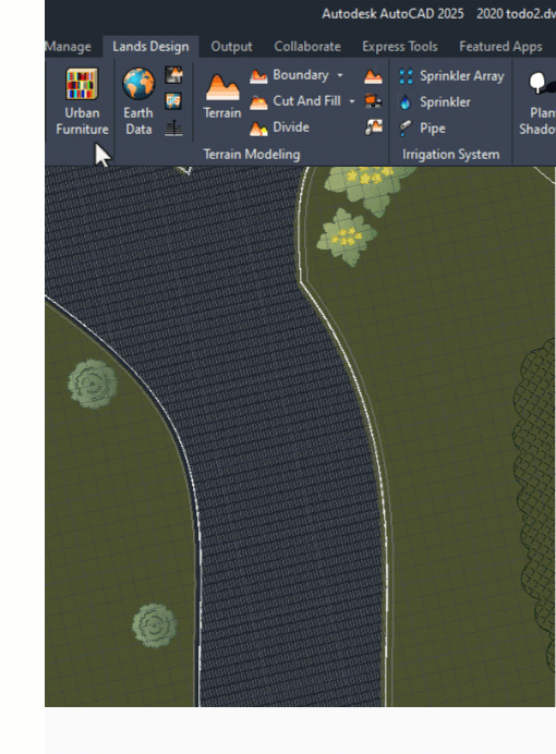 Inserting urban furniture from the block library in Lands Design for AutoCAD
