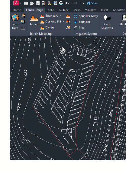 Cut and fill earthwork operations with volume calculations in Lands Design for AutoCAD