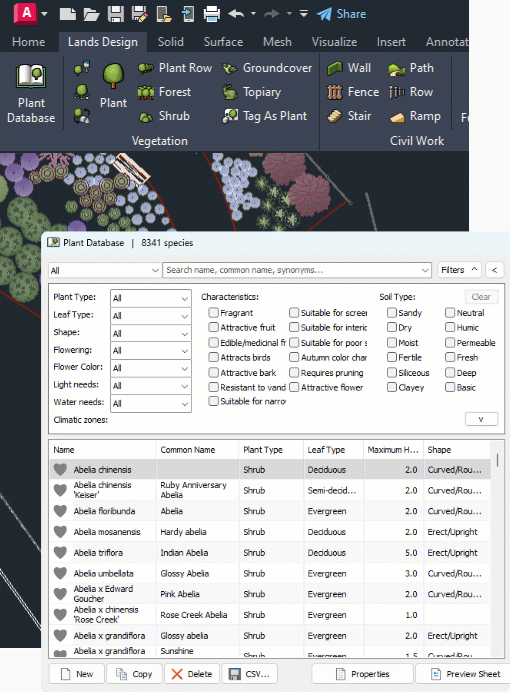 Filtering and selecting plant species in the Lands Design plant database for AutoCAD