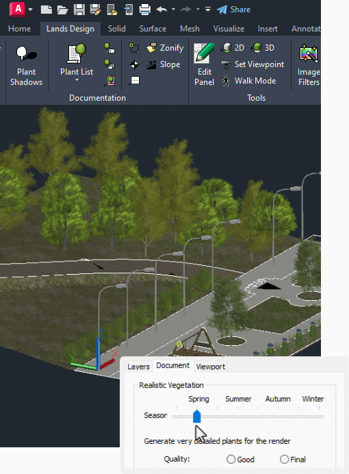 Lands Design seasonal visualization showing plant representations changing across spring, summer, autumn and winter in Lands Design for AutoCAD